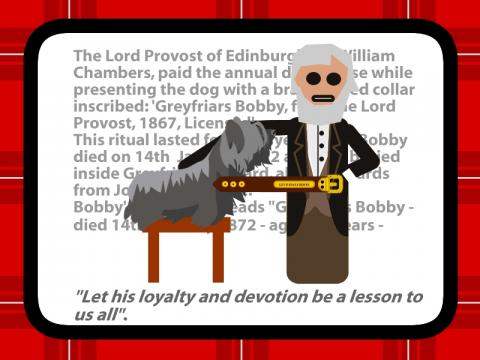 ilustracion Cuento Greyfriars Bobby: Lord Provost de Edimburgo, Sir William Chambers, declara al fiel perro como propiedad del Consejo de la Ciudad