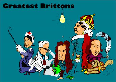 ilustracion Greatest Brittons: Florence Nightingale, Alexander Fleming, Isaac Newton, la Reina Victoria y William Shakespeare