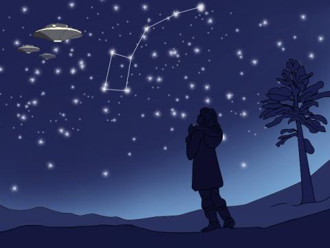 ilustracion Noche estrellada con la Osa Mayor y naves espaciales