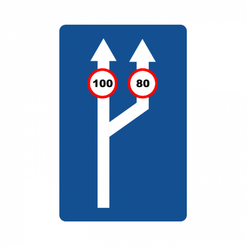 ilustracion Paso de uno a dos carriles de circulación con especificación de la velocidad máxima en cada uno de ellos