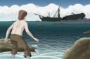 ilustracion Robinson Crusoe: Se dirige al barco a por provisiones