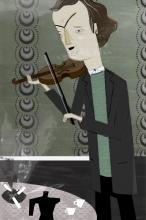 ilustracion Nada: El inquietante y atractivo tío Román tocando el violín en su vivienda de la azotea
