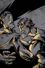 ilustracion Hamlet: Laertes reta a Hamlet en el entierro