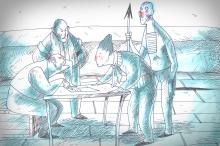 ilustracion Moby-Dick: Firmando el contrato con los copropietarios del Pequod