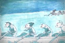 ilustracion Moby-Dick: Las lanchas van en busca de las ballenas