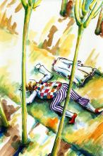 ilustracion Los viajes de Gulliver: Gulliver desesperado en el país de los gigantes