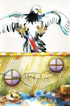 ilustracion Los viajes de Gulliver: Un águila va a atrapar la caja donde está descansando Gulliver