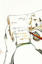 ilustracion Los viajes de Gulliver: Gulliver anotando en su cuaderno