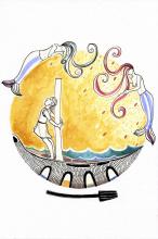 ilustracion La Odisea: Ulises y su tripulación acercándose a la isla de las sirenas