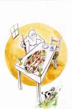 ilustracion La Odisea: Ulises disfrazado de mendigo es invitado a comer