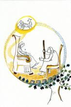 ilustracion La Odisea: Penélope charla con Ulises disfrazado de mendigo