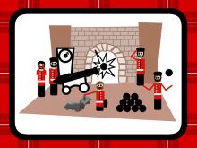 ilustracion Cuento Greyfriars Bobby: Bobby en el castillo de Edimburgo mientras los soldados dan el cañonazo a la una en punto