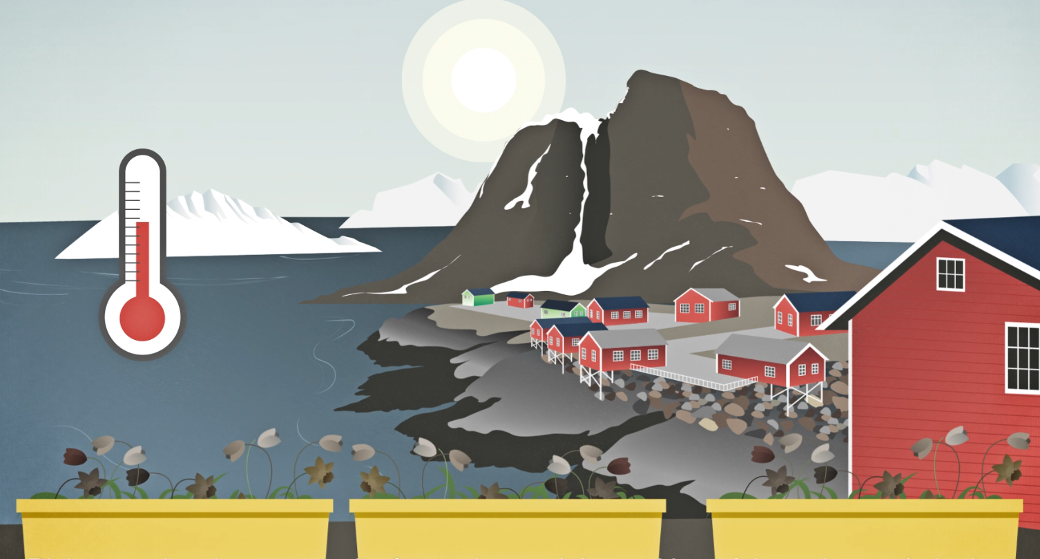 deshielo de montañas junto con un termómetro que marca altas temperaturas