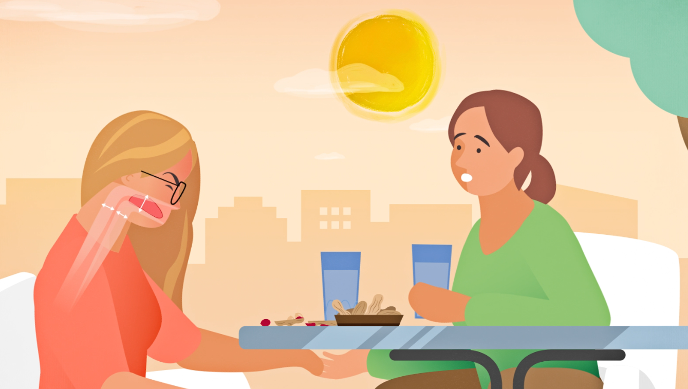 persona  que está teniendo un ataque por alergia alimentaria a frutos secos