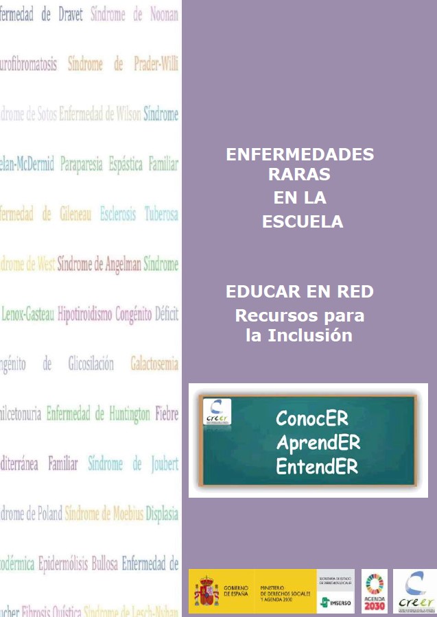 Parte izquierda sobre fondo blanco, nombres de enfermedades raras. Parte derecha sobre fondo morado título de la publicación, debajo de esta pizarra tradicional con las palabras Conocer, Aprender, Entender. En la base en la esquina inferior derecha logos institucionales.(Ministerio de Servicios Sociales y Agenda 20230, Objetivos Desarrollo Sostenible, Creer).