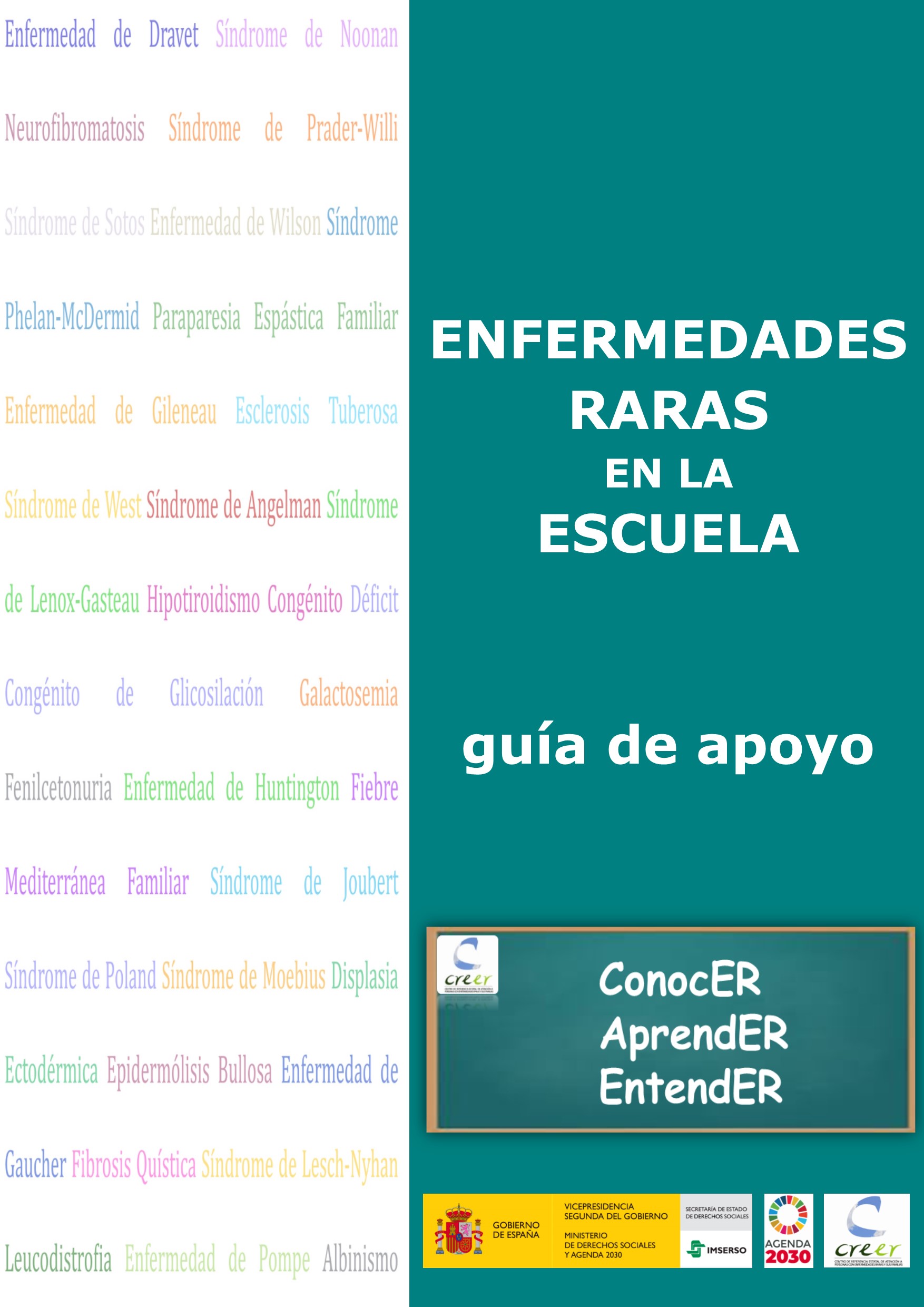 En el margen izquierdo de la portada, sobre fondo blanco, están escritos nombres de  enfermedades raras. En el margen derecho de la portada, sobre fondo verde, el titulo de la publicación y  debajo pizarra tradicional con las palabras: conocer, aprender, entender. En la base del margen derecho, logos institucionales Ministerio de Derechos Sociales y Agenda 2030, Imserso, Objetivos Desarrollo Sostenible y Creer).