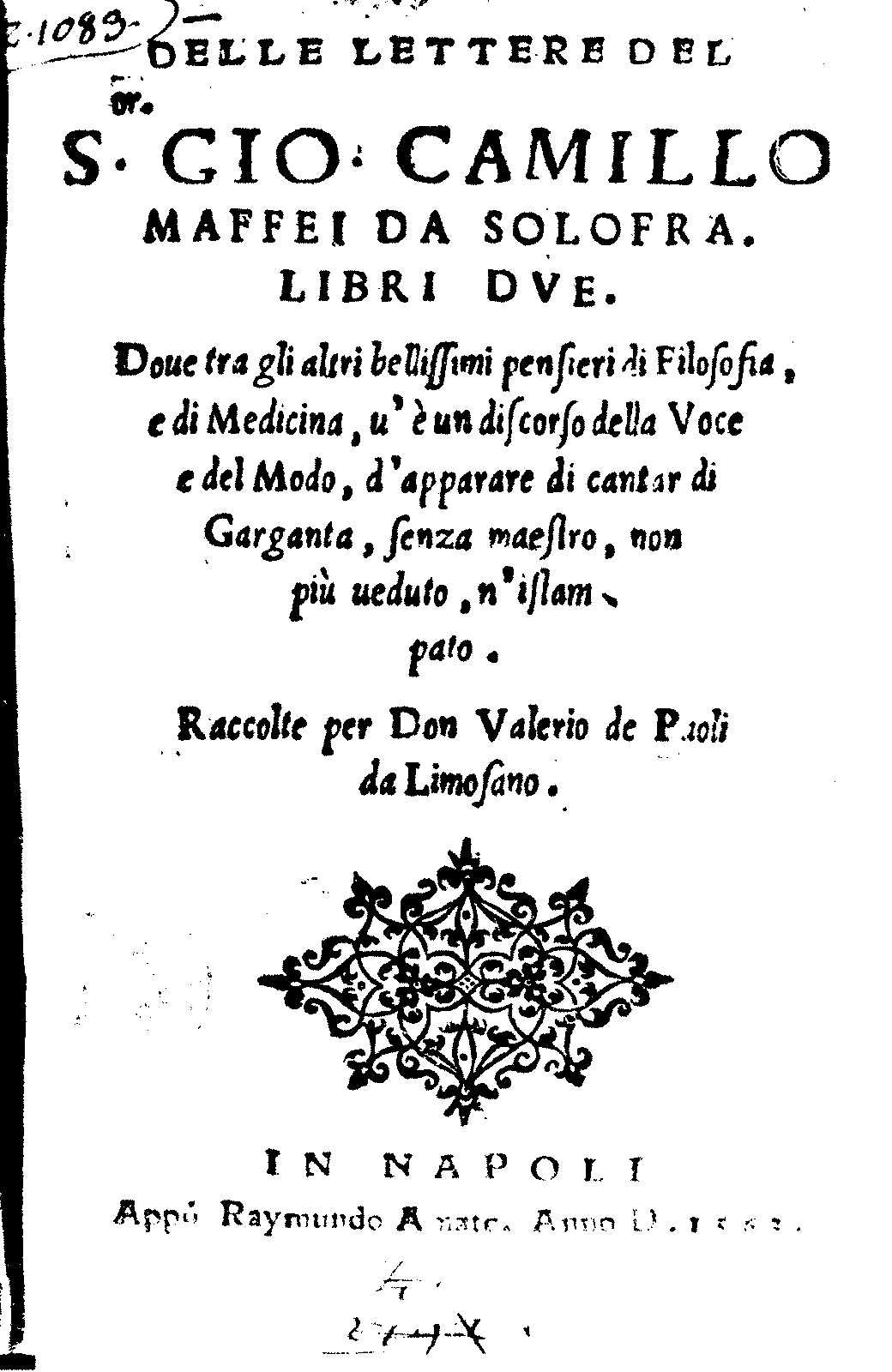 Portada de las Lettere de Camillo Maffei (Nápoles, 1562)