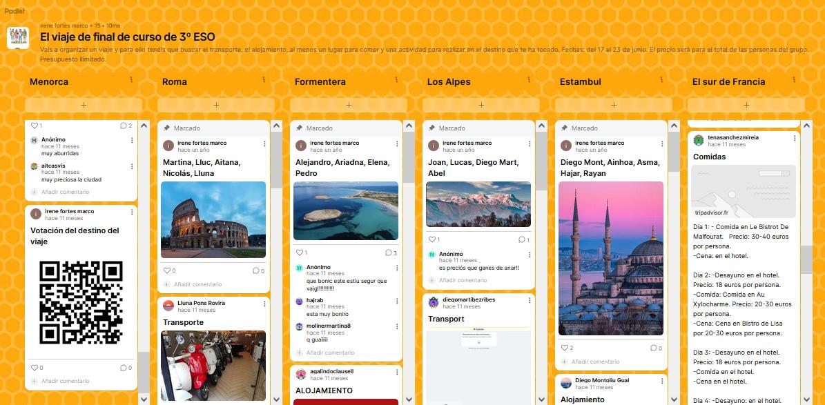 Captura de pantalla del Padlet Viatge fi de curs