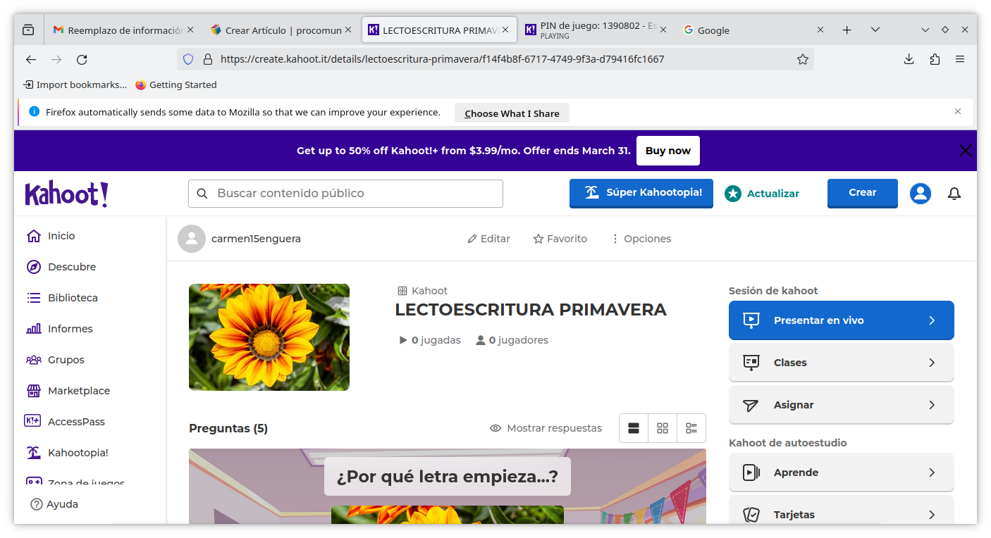 Captura de pantalla del recurso: Lectoescritura Primavera