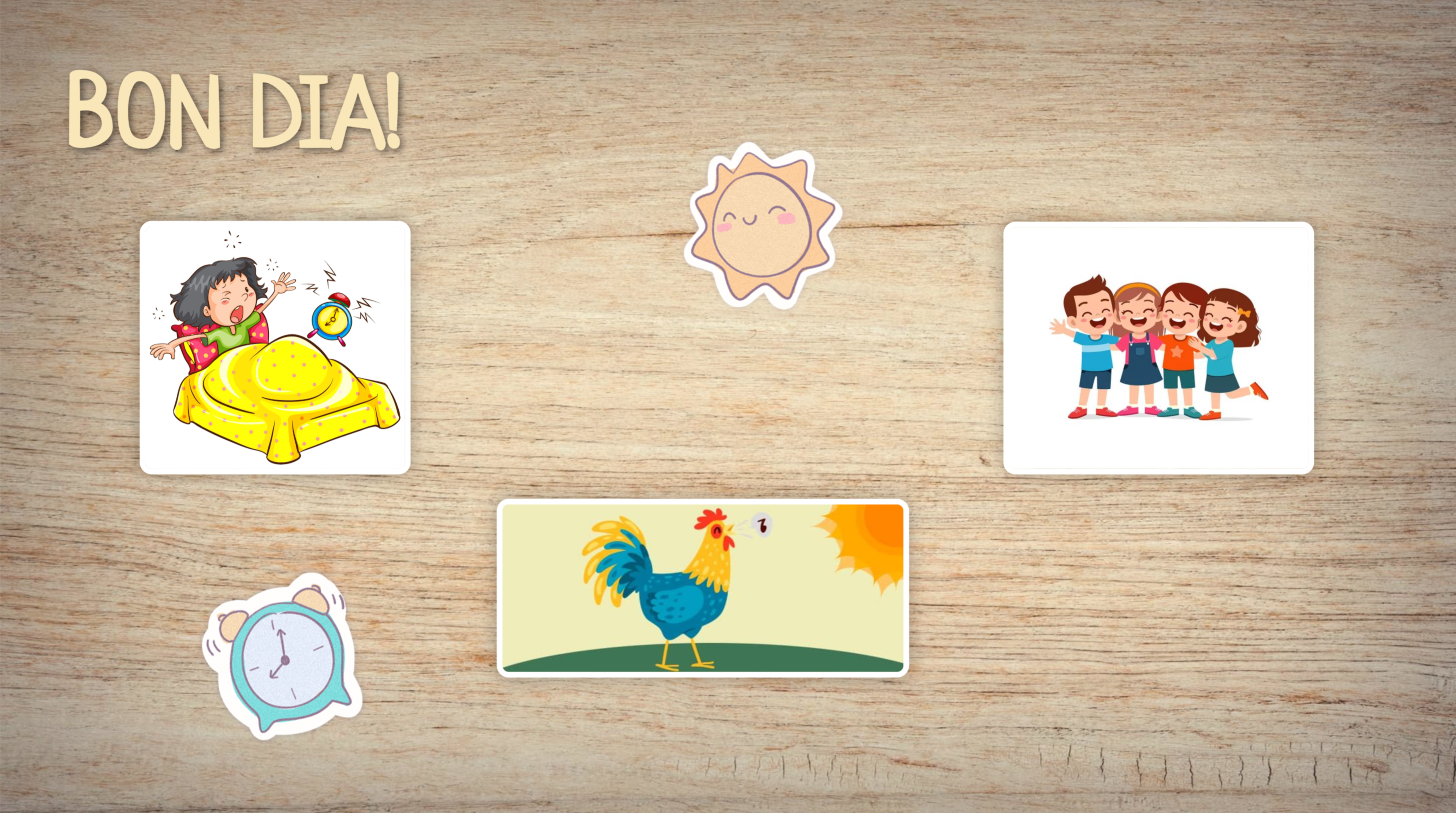 Pantalla de benvinguda amb el text "BON DIA!" escrit en lletres grans sobre un fons clar. És una imatge alegre i motivadora pensada per iniciar la jornada escolar amb entusiasme.+