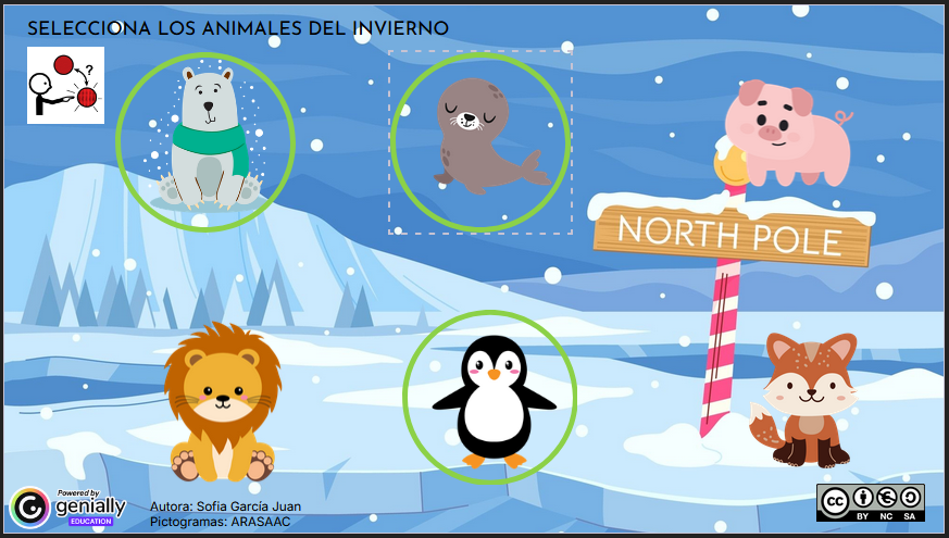 Actividad interactiva donde los niños y niñas  observarán imágenes de varios animales  y deberán identificar cuáles viven en lugares fríos,