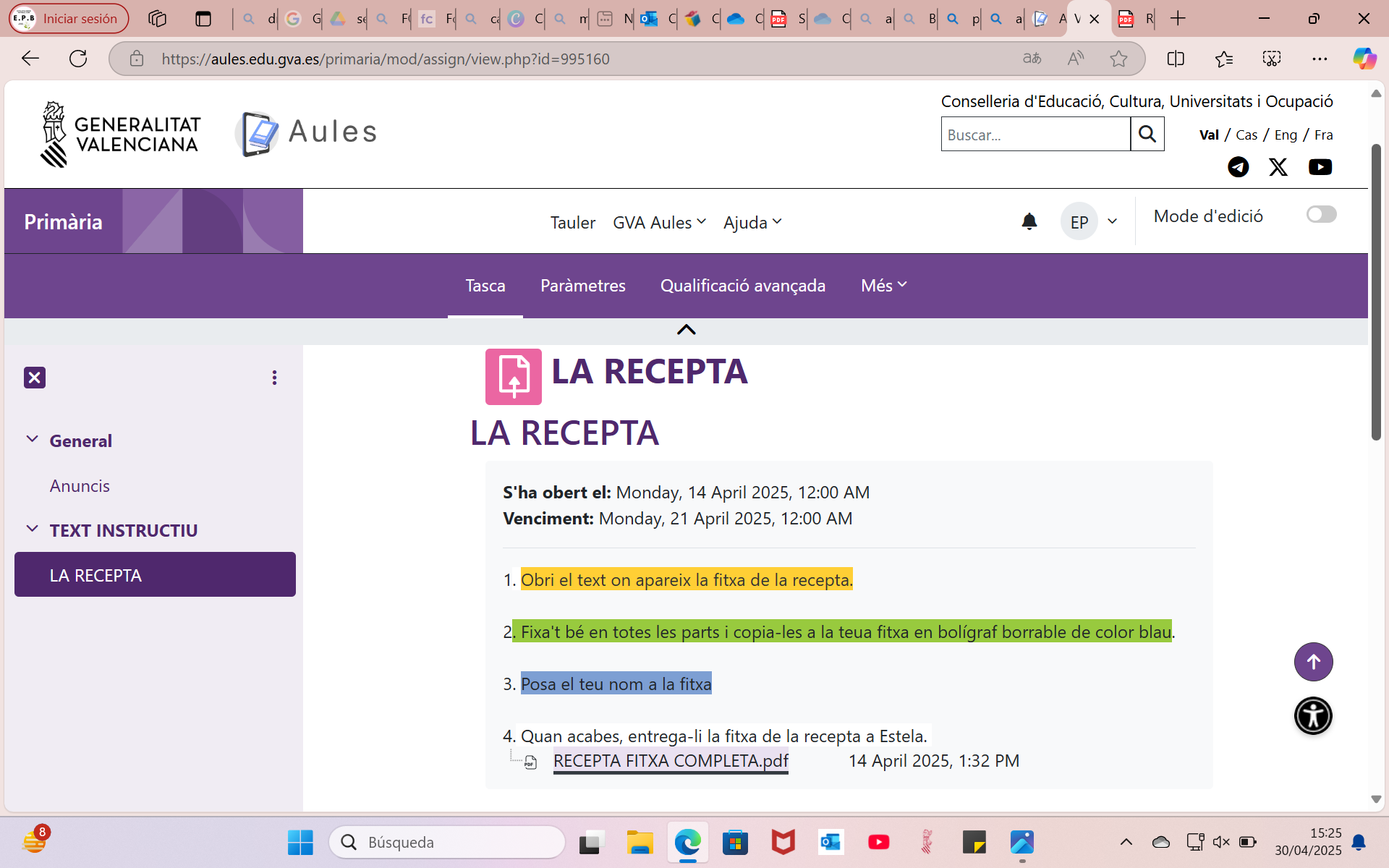 Recepta cuina instruccions