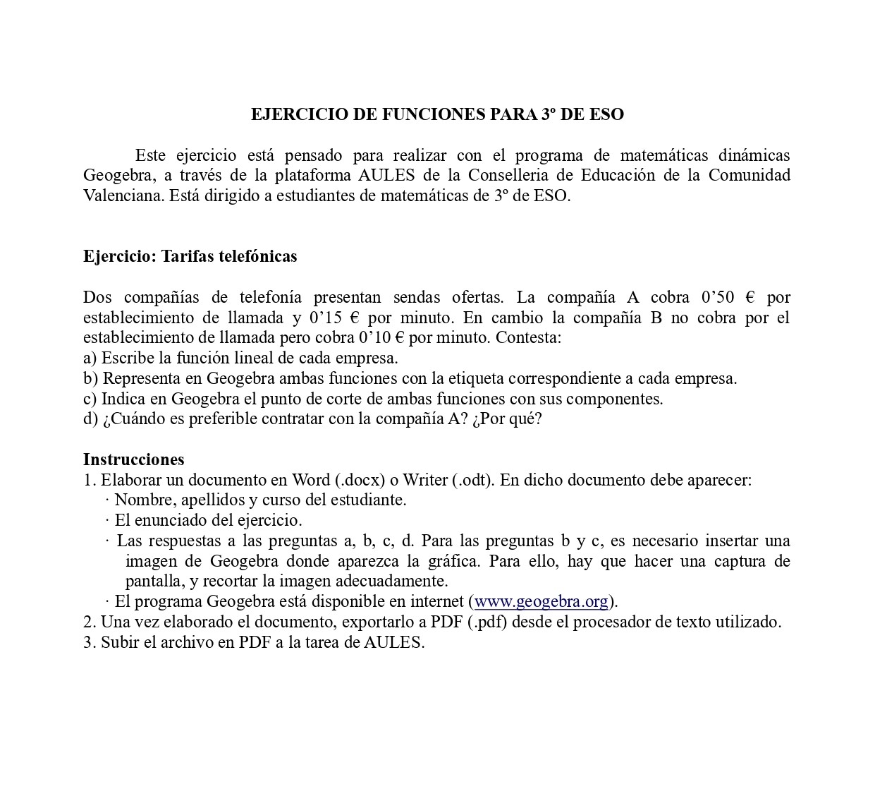 Problema de funciones de 3º de ESO
