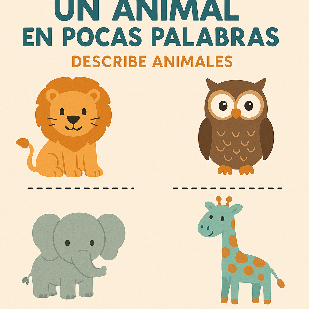 León, búho, elefante y jirafa para ser descritos.