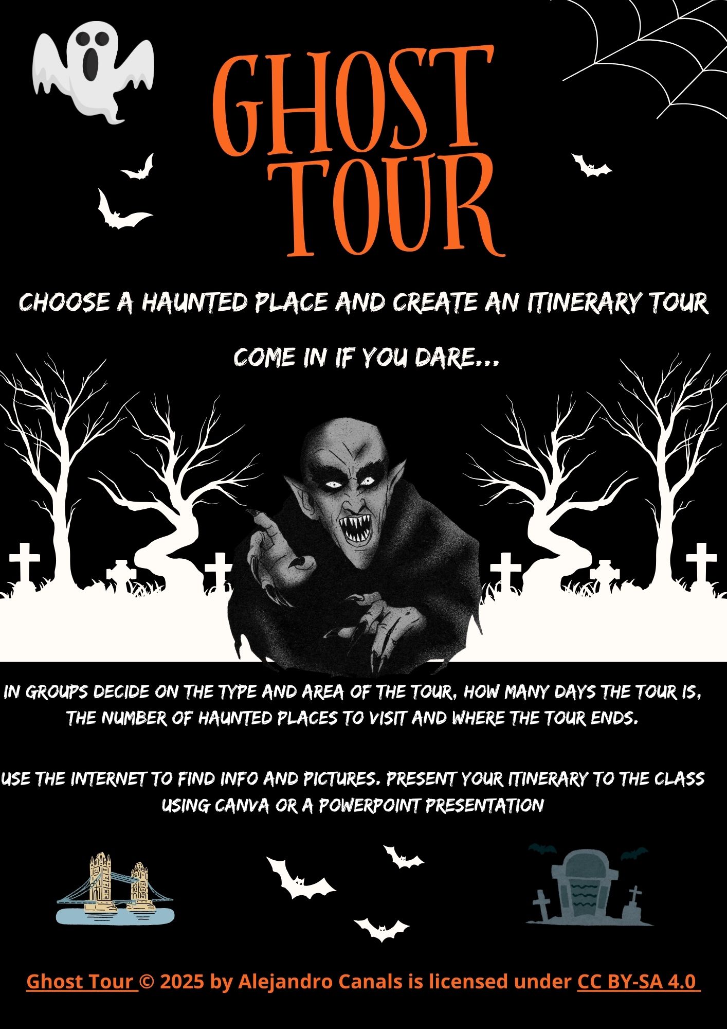 Imagen que describe la tarea a realizar. En este caso, el alumnado ha de buscar información sobre un lugar encantado, bien sea sobre una leyenda o sobre una historia de fantasmas, y realizar un itinerario turístico sobre ese lugar.