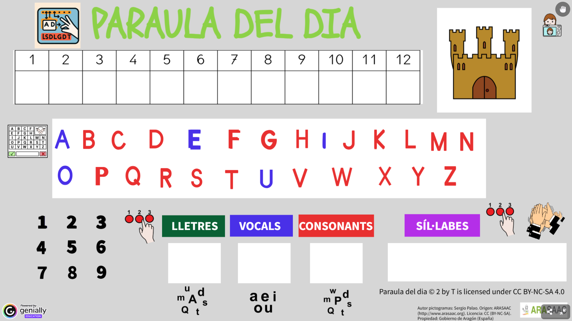 Genially para trabajar la Palabra del dia. Componer la palabra. Contar número de letras, vocales, consonantes y sílabas.