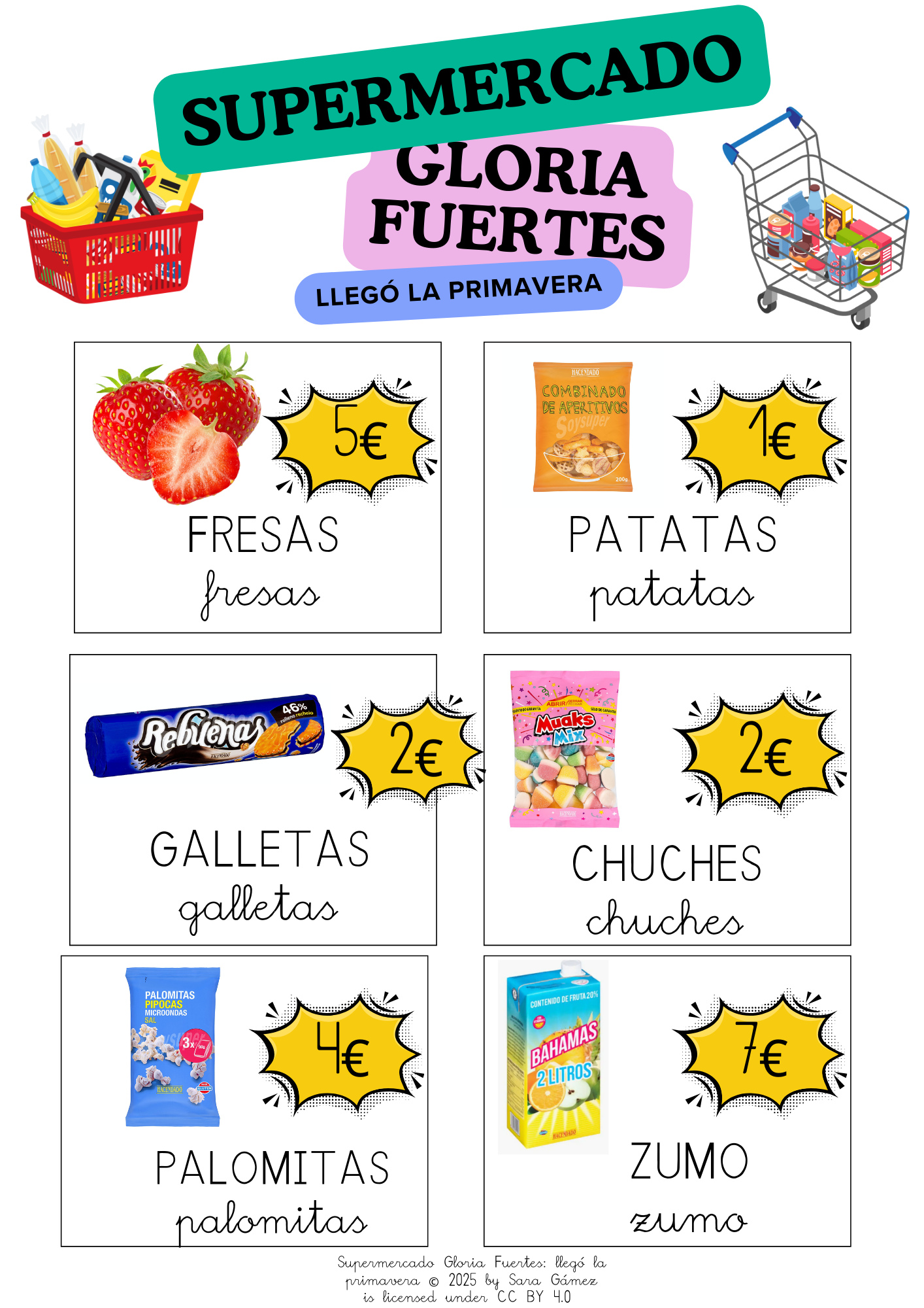 Catálogo de supermercado con productos de la primavera y otros alimentos para preparar una fiesta en clase. 
