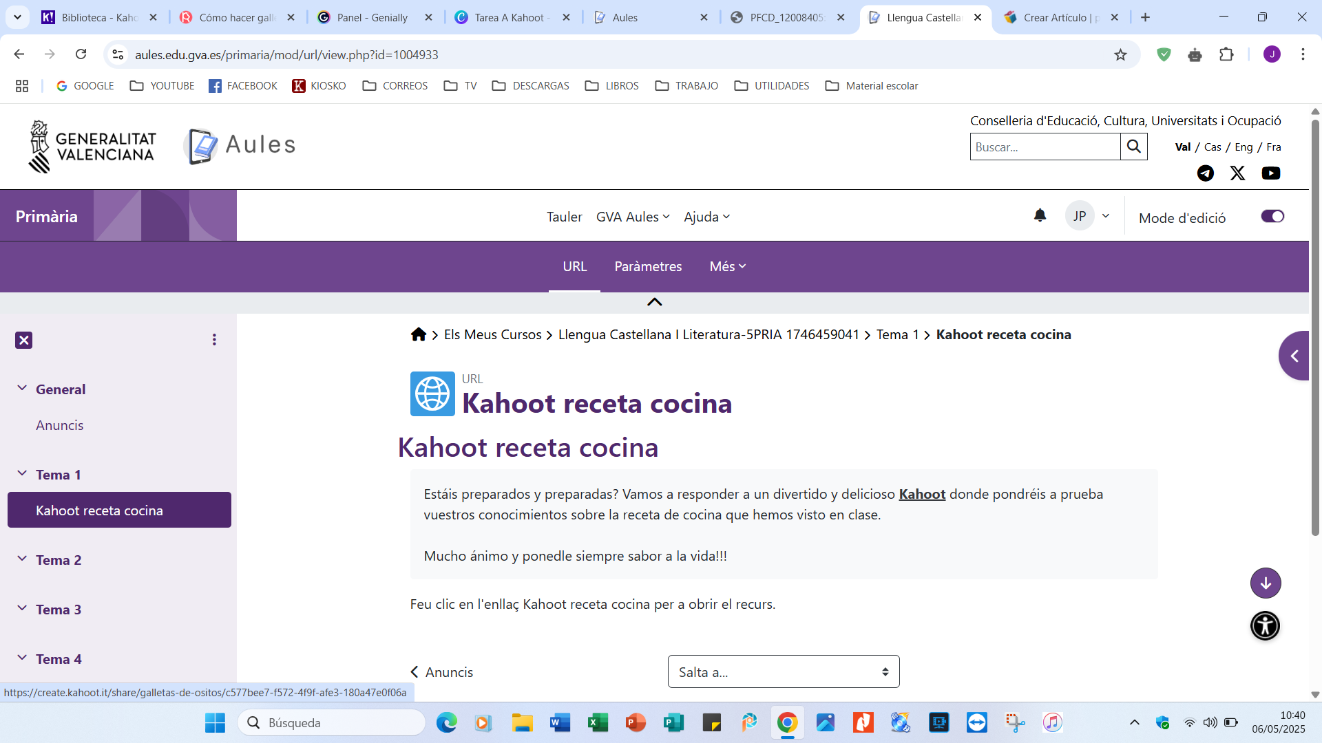 texto instructivo la receta a través de un kahoot
