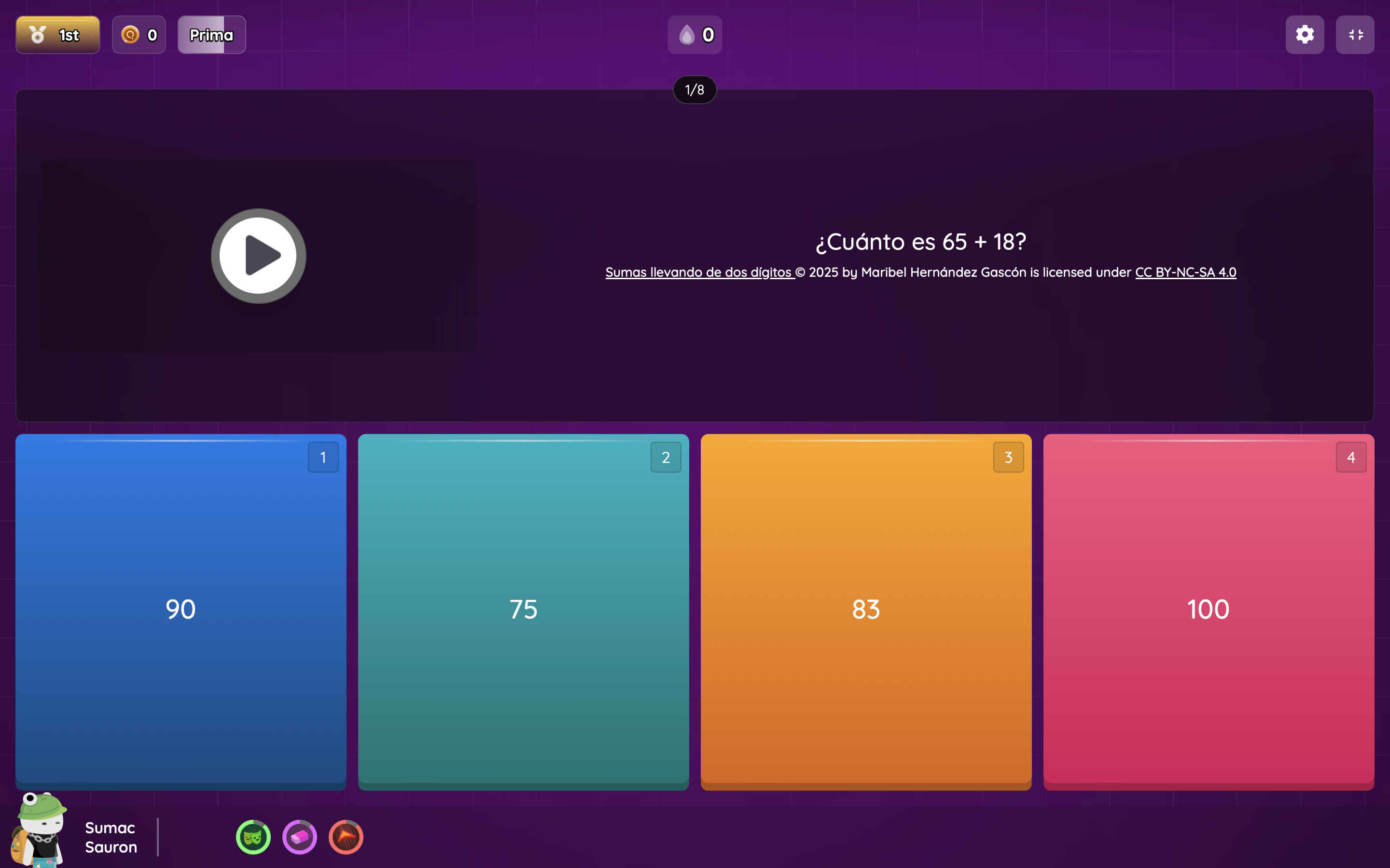 Encuesta en la app Quizizz de sumas llevando 