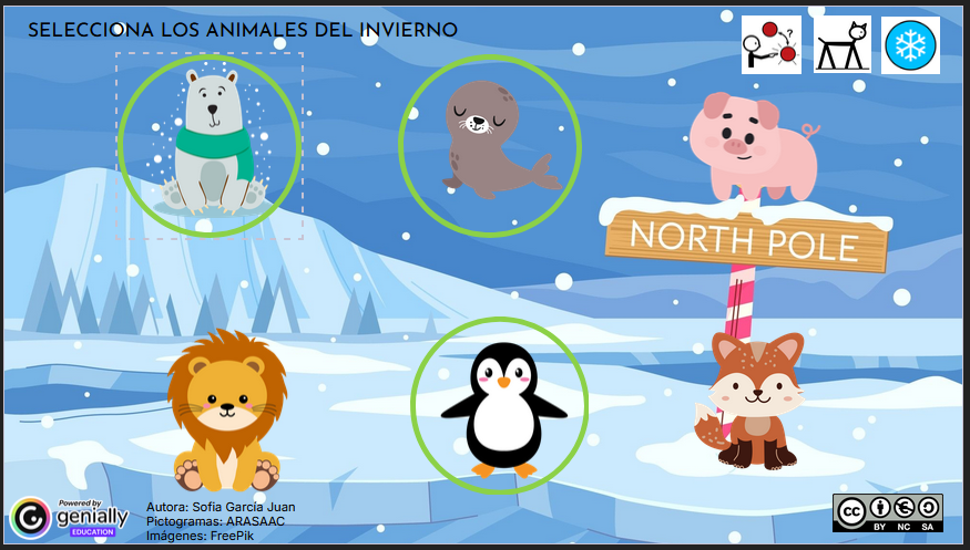 Actividad interactiva donde los niños y niñas  observarán imágenes de varios animales  y deberán identificar cuáles viven en lugares fríos,