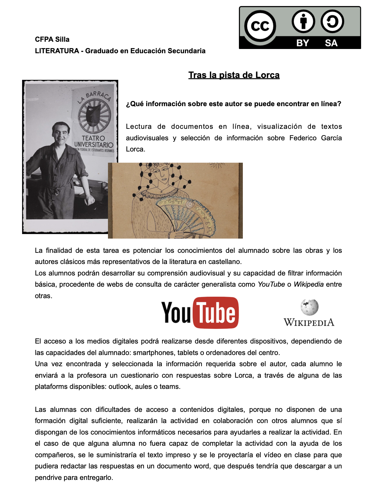 Descripción de una tarea de búsqueda de información en internet, sobre el contexto sociocultural en el que vivió y escribió Federico García Lorca, con un par de imágenes ilustrativas sobre el tema.