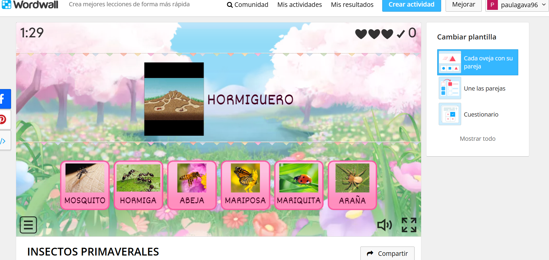La actividad consiste en relacionar cada insecto con la imagen que lo describe. Para ello, uniremos la opción correcta haciendo click en la imagen/palabra que le corresponda en la pizarra digital.