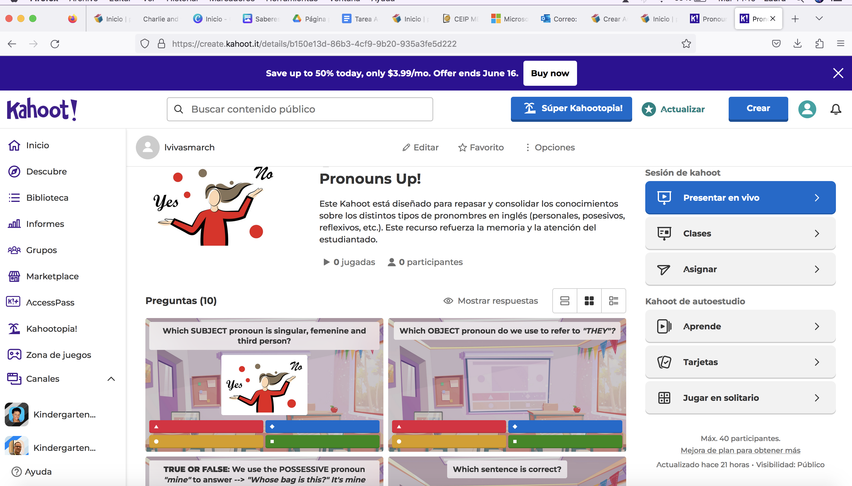La presente actividad está dirigida al alumnado de 6º de Educación Primaria y tiene como objetivo favorecer el conocimiento y uso correcto de los pronombres en inglés: personales, posesivos, de objeto y reflexivos . A través de una dinámica interactiva basada en el juego “Kahoot”, el alumnado participa activamente, reforzando su competencia lingüística y digital en un entorno lúdico. 