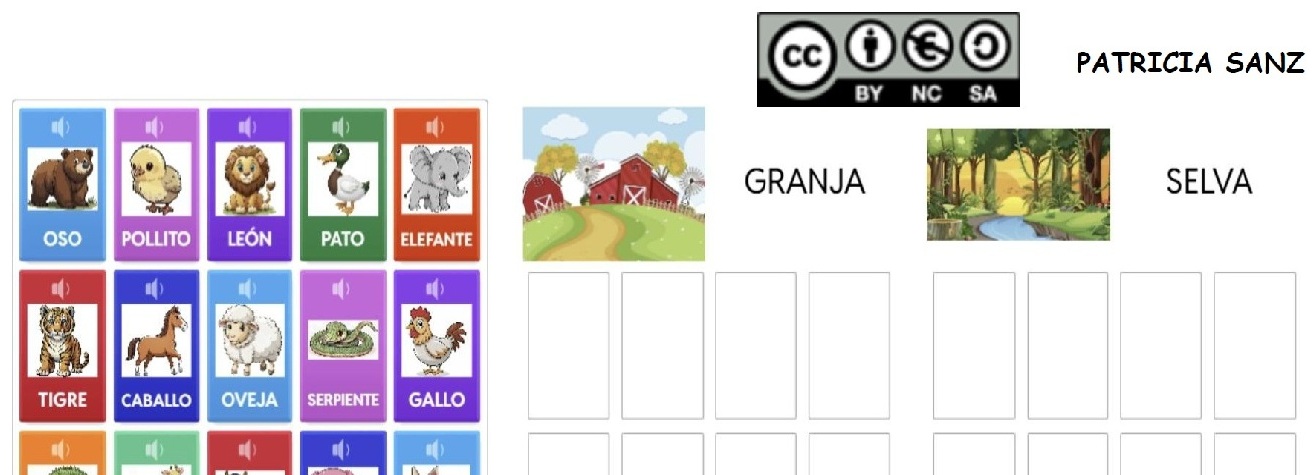 Recurso para clasificar los animales según su hábitat: granja o selva