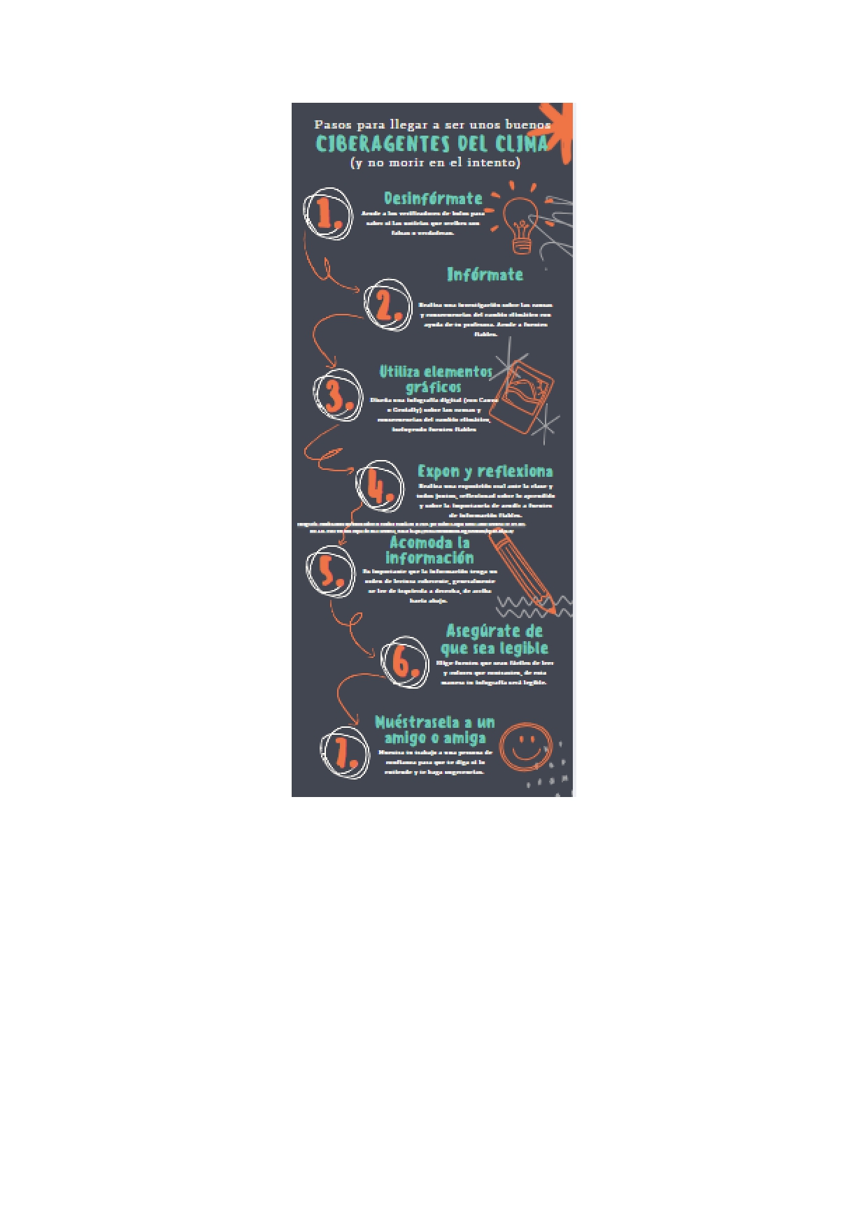 Se trata de una infografía con los pasos para realizar la tarea "Ciberagentes del clima: la verdad está ahí afuera".
