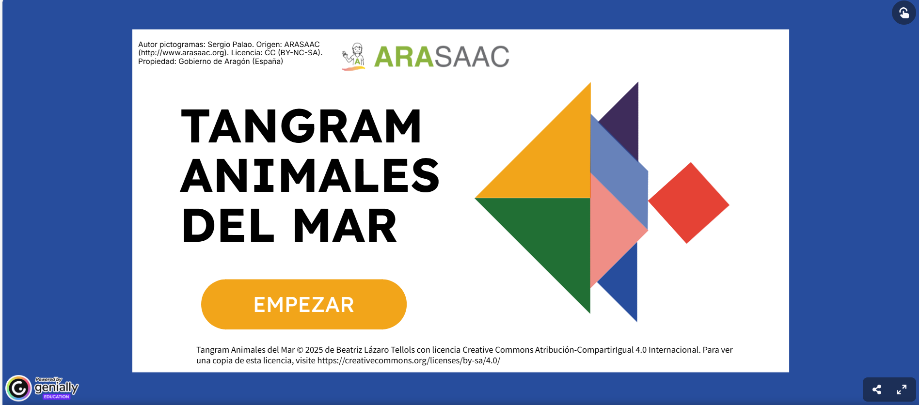 Se trata de un Genially destinado al alumnado de 4 años para trabajar de manera interactiva los animales marinos a través de un Tangram.