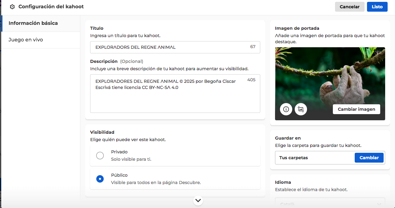 •	El recurs ha sigut elaborat en kahoot, en el que es planteja una situació d’aprenentatge orientada al regne animal. Està dirigida a l’alumnat de segon de primària, 7-8 anys en l’àrea de Coneixement del medi.
