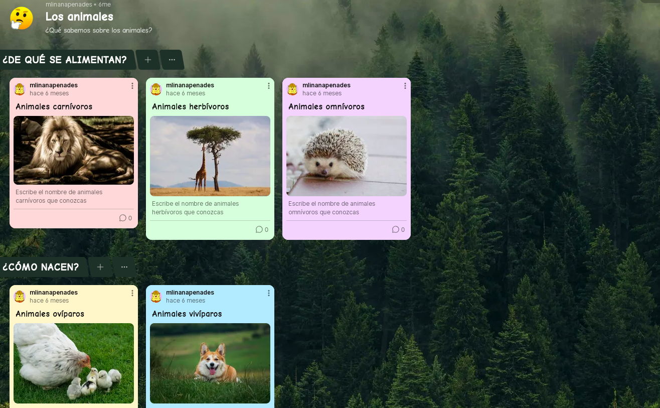 En esta actividad los alumnos/as se inician en el mundo de los Padlets, en donde, después de trabajar a nivel de aula las características de los seres vivos, en concreto de los animales, deberán completar cada apartado con nombres de estos que hayan aprendido y cumplan esa serie de características. 