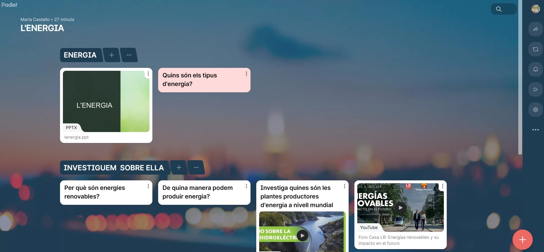 Padlet de les energies o les fonts d'energia al Padlet