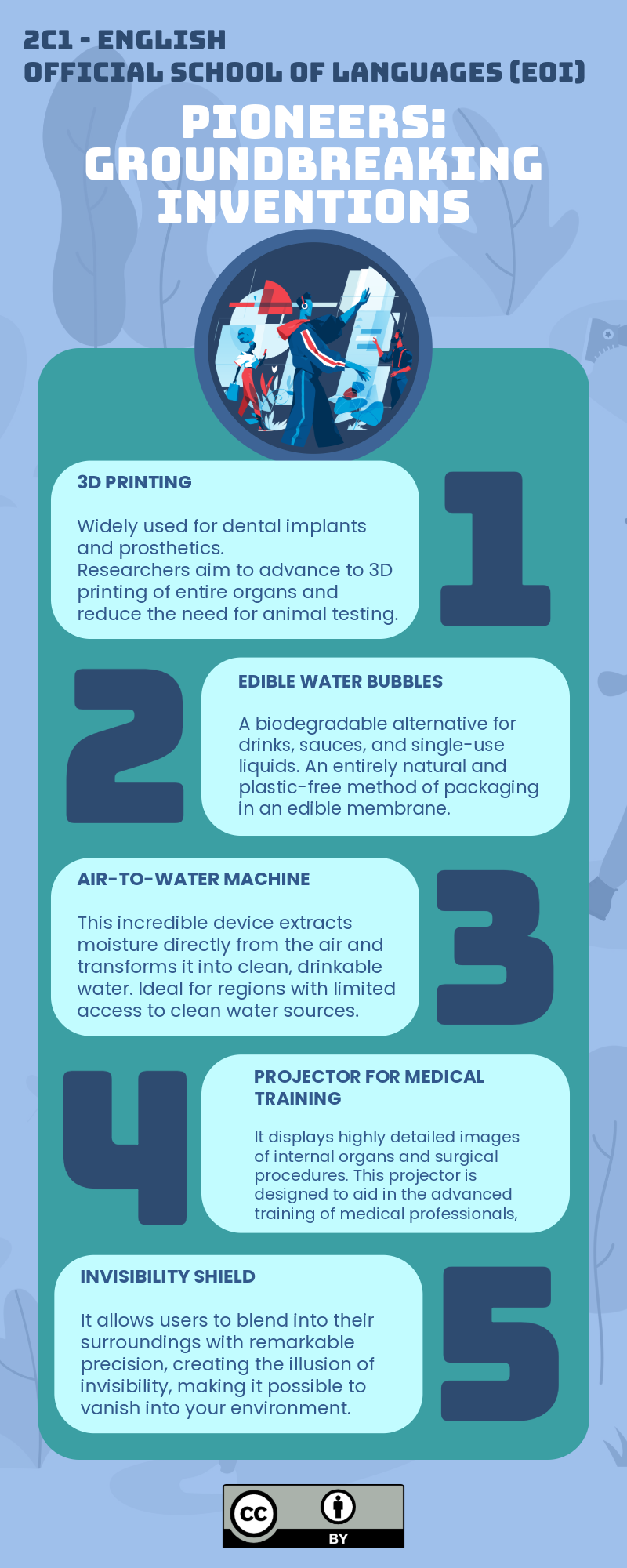 Pioneers: Groundbreaking inventions. Infographic for 2C1 English students at the Official School of Languages.