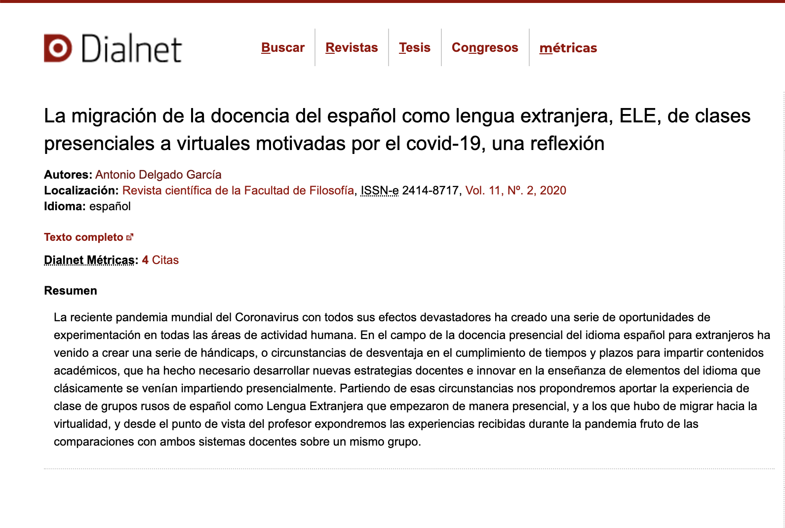 La migración de la docencia del Español como Lengua Extranjera, ELE, de clases presenciales a virtuales motivadas por el Covid-19, una reflexión