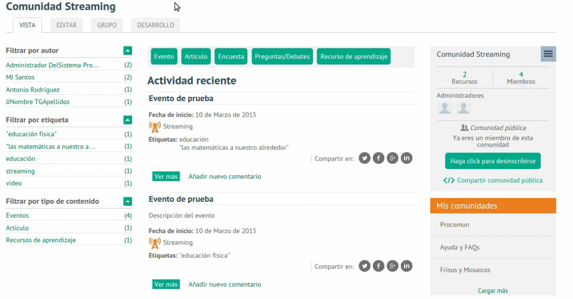 Creación de eventos de tipo streaming en una comunidad