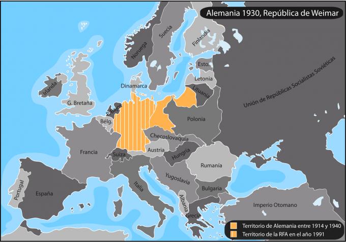ilustracion Territorio alemán en 1930, República de Weimar 