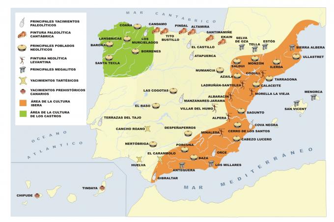 ilustracion Mapa de la distribución de los yacimientos del Paleolítico y el Neolítico por la Península Ibérica