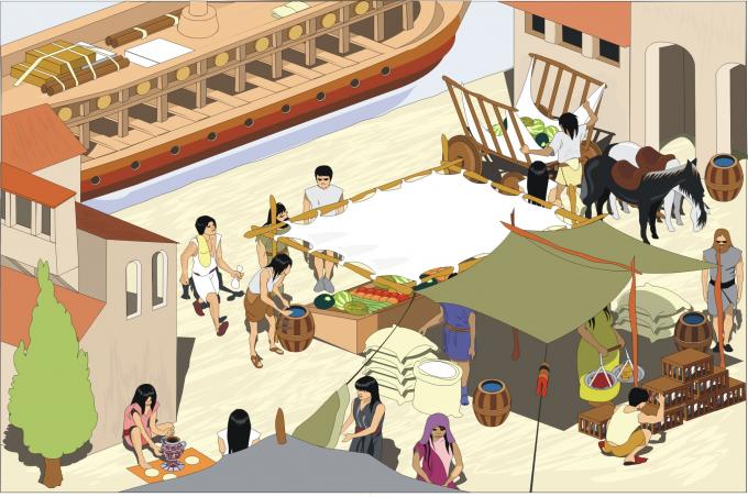 ilustracion Escenario representativo de un mercado fenicio