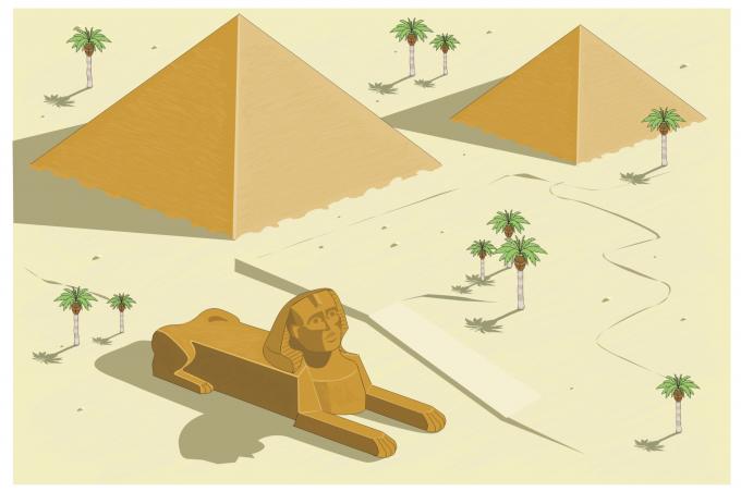 ilustracion Escena tipo con esfinge y pirámides egipcias